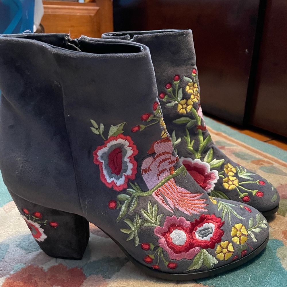 bootie heels with embroidery.